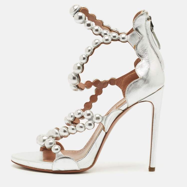 Pre Owned Alaia Silver Leather Bombe Strappy Sandals Size 39