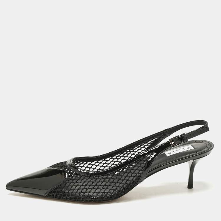 Pre Owned Alaia Black Patent Leather and Mesh Le Coeur Slingback Pointed Toe Pumps Size 41