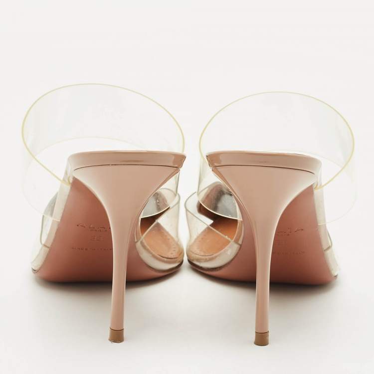 Pre Owned Alaia Beige Patent Leather and PVC Le Coeur Mules Size 38