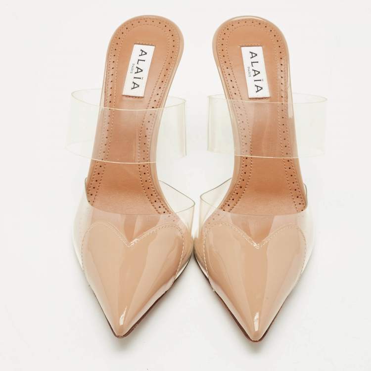 Pre Owned Alaia Beige Patent Leather and PVC Le Coeur Mules Size 38