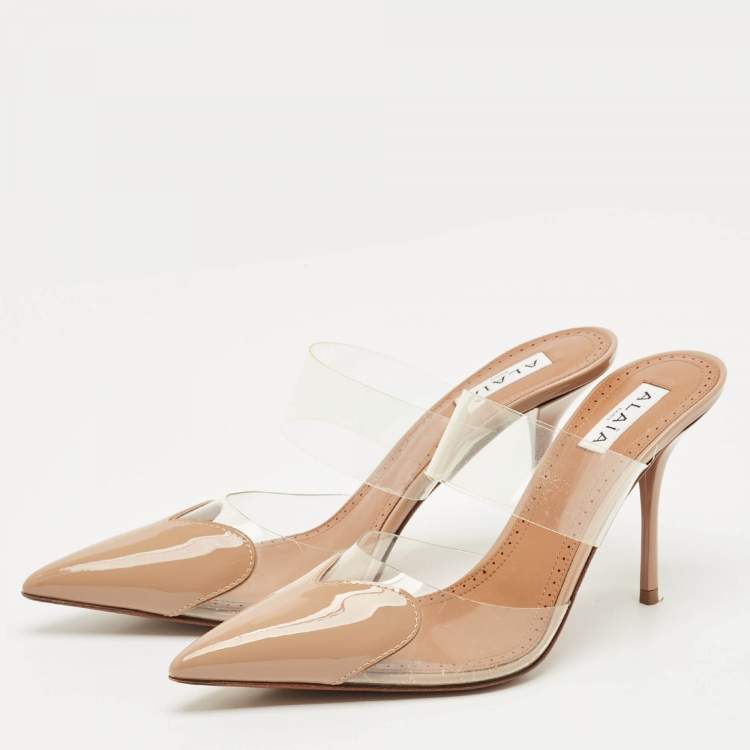 Pre Owned Alaia Beige Patent Leather and PVC Le Coeur Mules Size 38