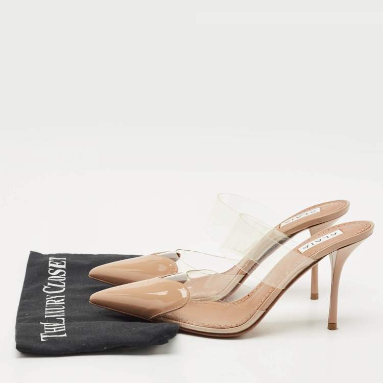 Pre Owned Alaia Beige Patent Leather and PVC Le Coeur Mules Size 38