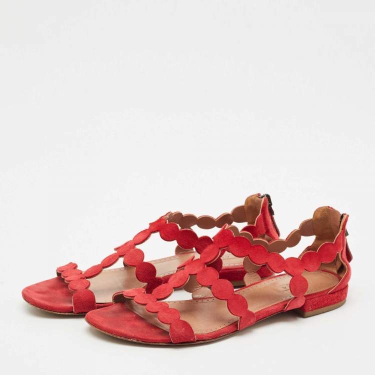 Pre Owned Alaia Red Laser Cut Suede Open Toe Flat Sandals Size 38.5