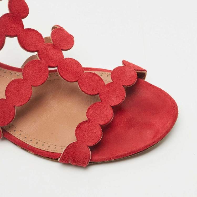 Pre Owned Alaia Red Laser Cut Suede Open Toe Flat Sandals Size 38.5