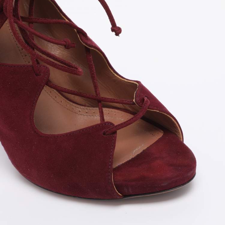 Pre Owned Alaia Burgundy Suede Lace Up Open Pumps Size 41