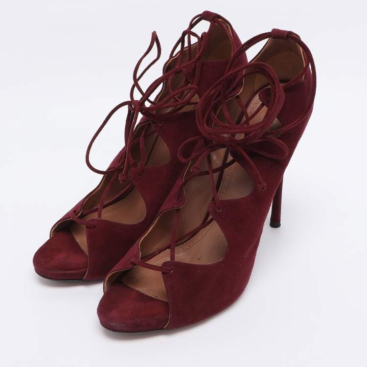 Pre Owned Alaia Burgundy Suede Lace Up Open Pumps Size 41