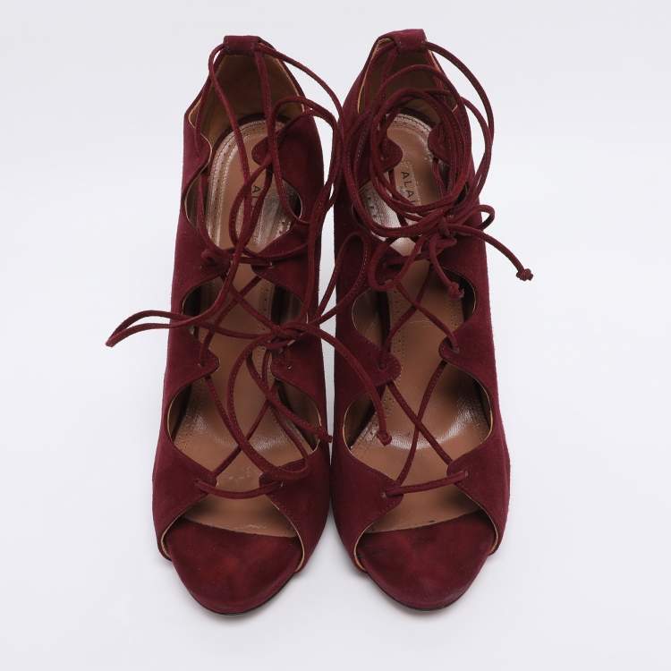 Pre Owned Alaia Burgundy Suede Lace Up Open Pumps Size 41