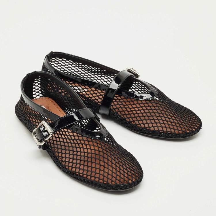 Pre Owned Alaia Black Fishnet and Patent Leather Ballet Flats Size 39.5