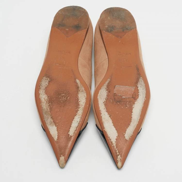 Pre Owned Alaia Beige/Black Patent Leather and Suede Ballet Flats Size 37.5