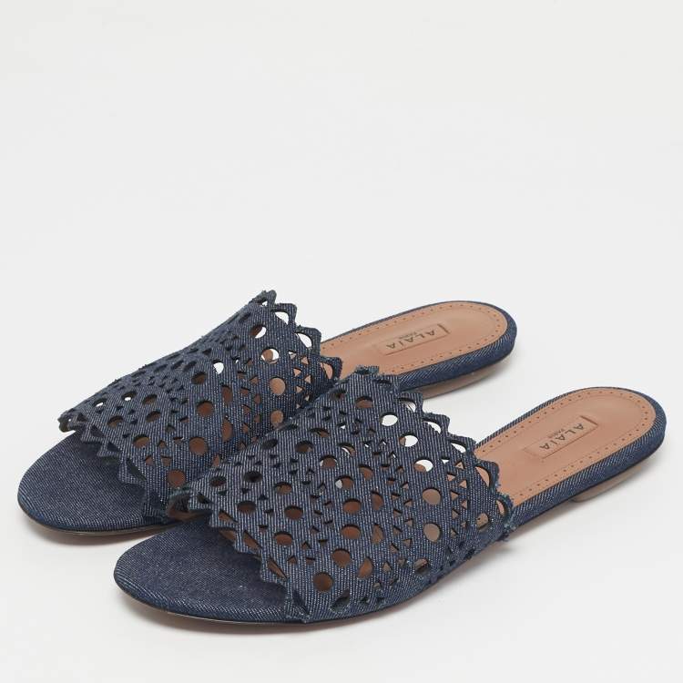 Pre Owned Alaia Navy Blue  Laser Cut Denim Flat Sandals Size 40