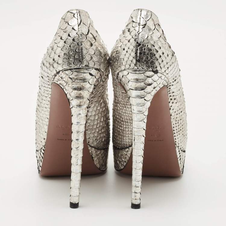 Pre Owned Alaia Silver/Gold Python Round Toe Platform Pumps Size 40.5