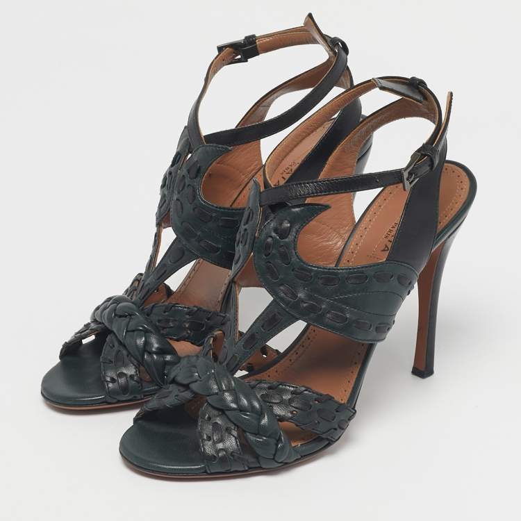Pre Owned Alaia Black/Dark Green Leather Ankle Strap Sandals Size 37