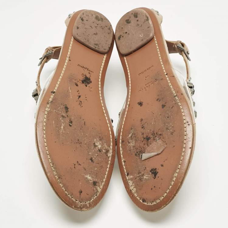 Pre Owned Alaia Beige/Transparent Suede and PVC Crystal Embellished Ankle Strap Flats Size 40