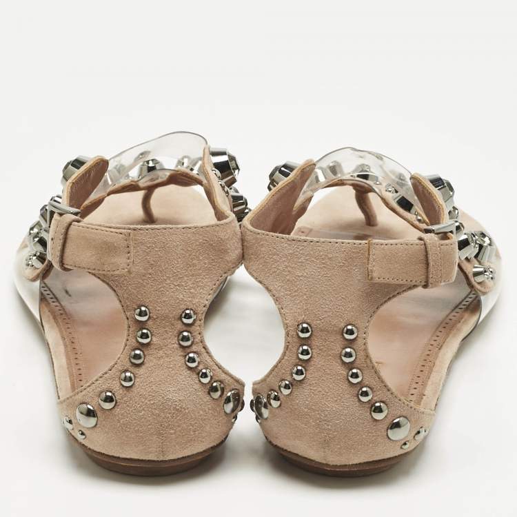 Pre Owned Alaia Beige/Transparent Suede and PVC Crystal Embellished Ankle Strap Flats Size 40