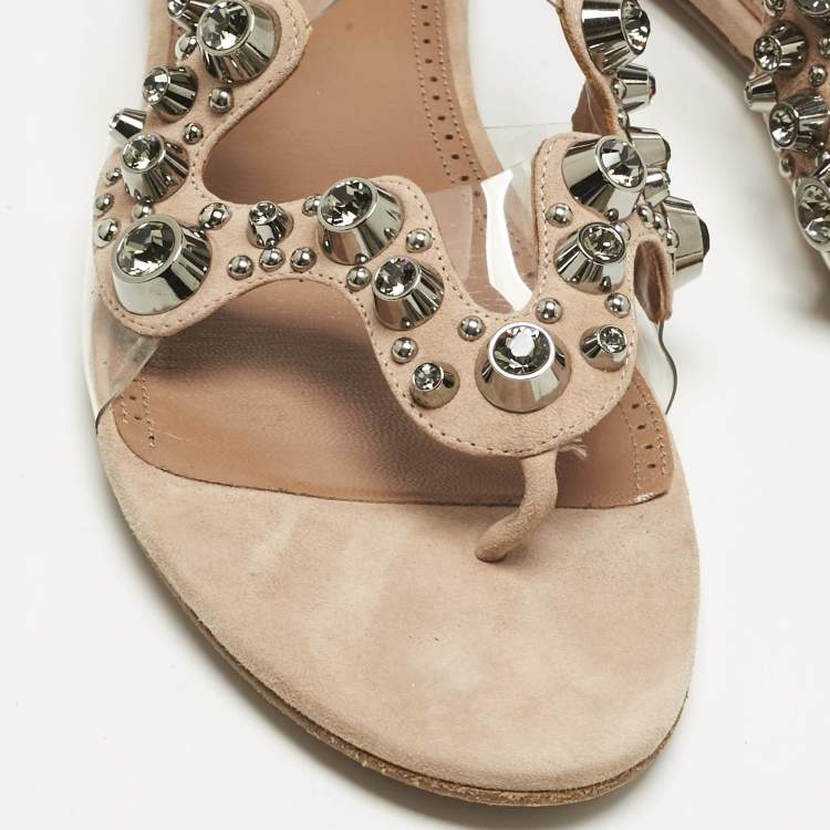 Pre Owned Alaia Beige/Transparent Suede and PVC Crystal Embellished Ankle Strap Flats Size 40