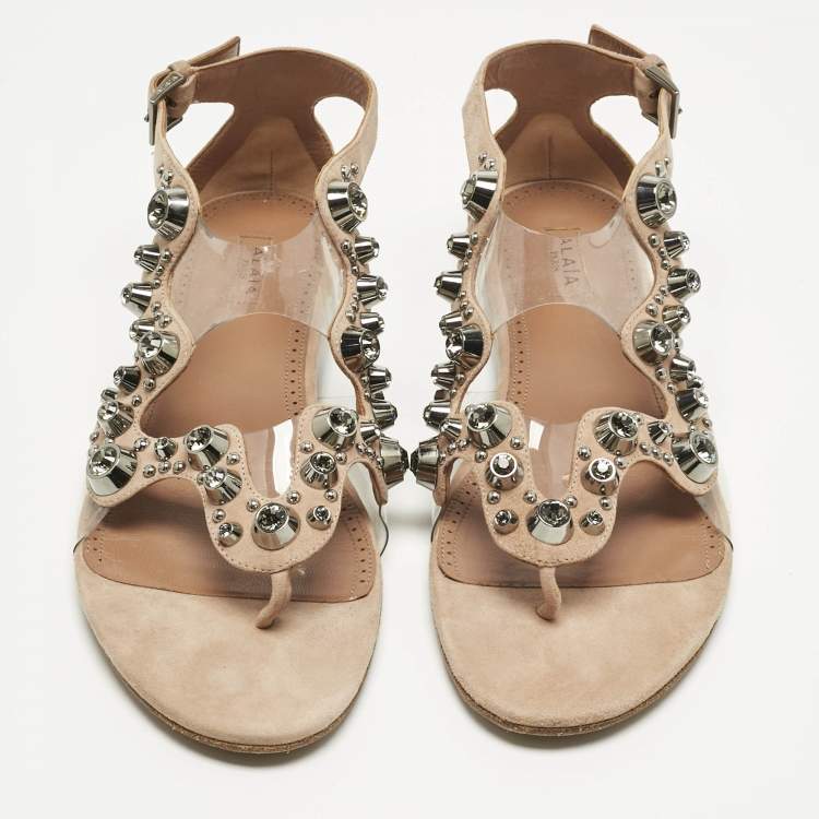Pre Owned Alaia Beige/Transparent Suede and PVC Crystal Embellished Ankle Strap Flats Size 40