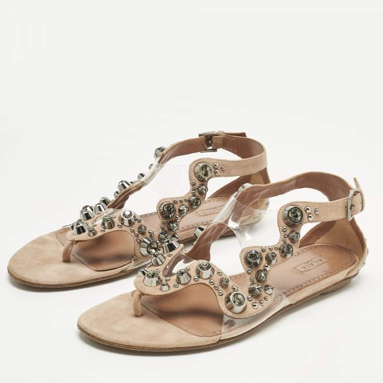 Pre Owned Alaia Beige/Transparent Suede and PVC Crystal Embellished Ankle Strap Flats Size 40