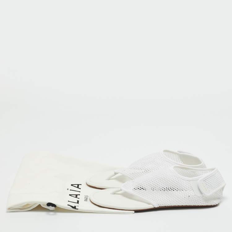 Pre Owned Alaia White Leather and Mesh Thong Flats Size 38