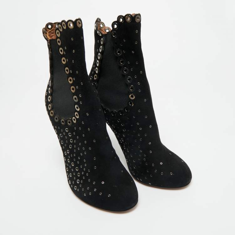Pre Owned Alaia Black Suede Gomet Embellished Ankle Boots Size 39