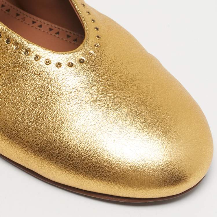 Pre Owned Alaia Gold Leather Crystal Embellished Mary Jane Ballet Flats Size 41