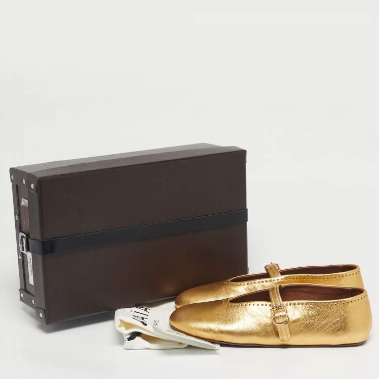 Pre Owned Alaia Gold Leather Crystal Embellished Mary Jane Ballet Flats Size 41