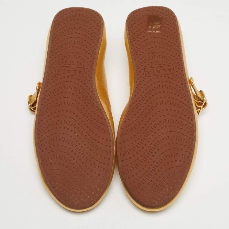 Pre Owned Alaia Gold Leather Crystal Embellished Mary Jane Ballet Flats Size 41