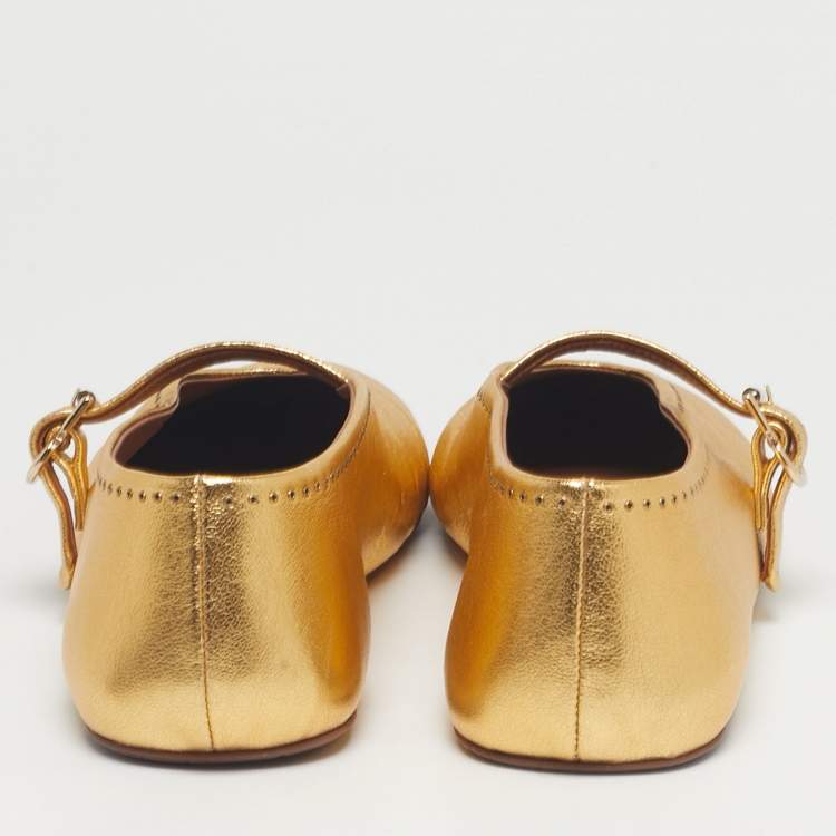 Pre Owned Alaia Gold Leather Crystal Embellished Mary Jane Ballet Flats Size 41