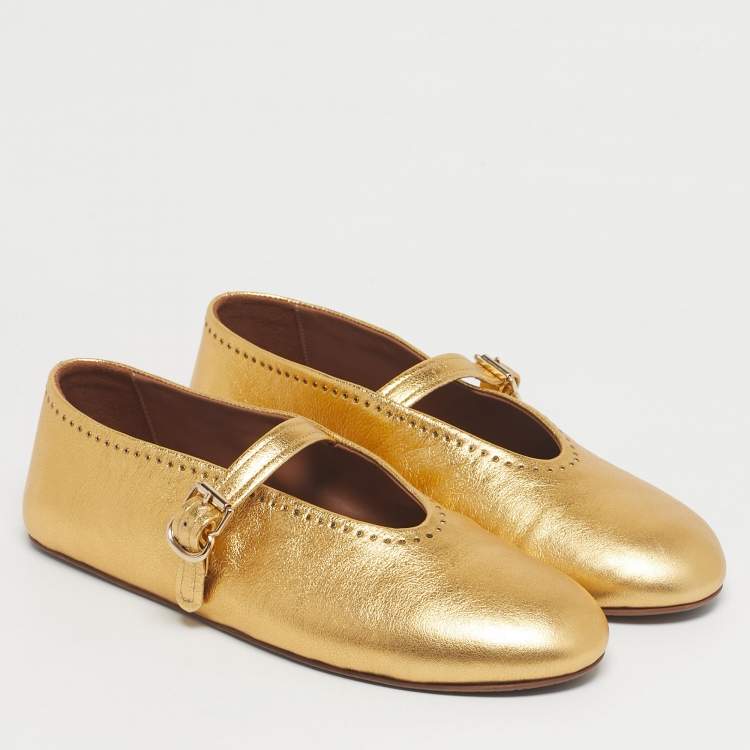 Pre Owned Alaia Gold Leather Crystal Embellished Mary Jane Ballet Flats Size 41