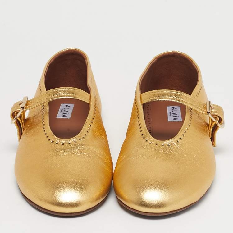 Pre Owned Alaia Gold Leather Crystal Embellished Mary Jane Ballet Flats Size 41