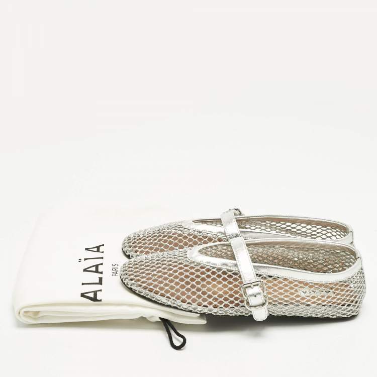 Pre Owned Alaïa Silver Mesh and Leather Mary Jane Ballet Flats Size 38.5