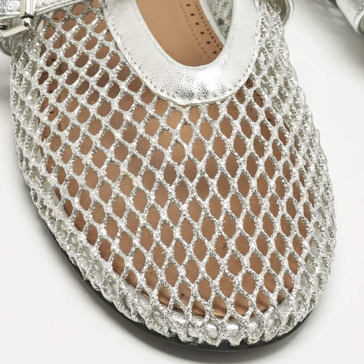 Pre Owned Alaïa Silver Mesh and Leather Mary Jane Ballet Flats Size 38.5