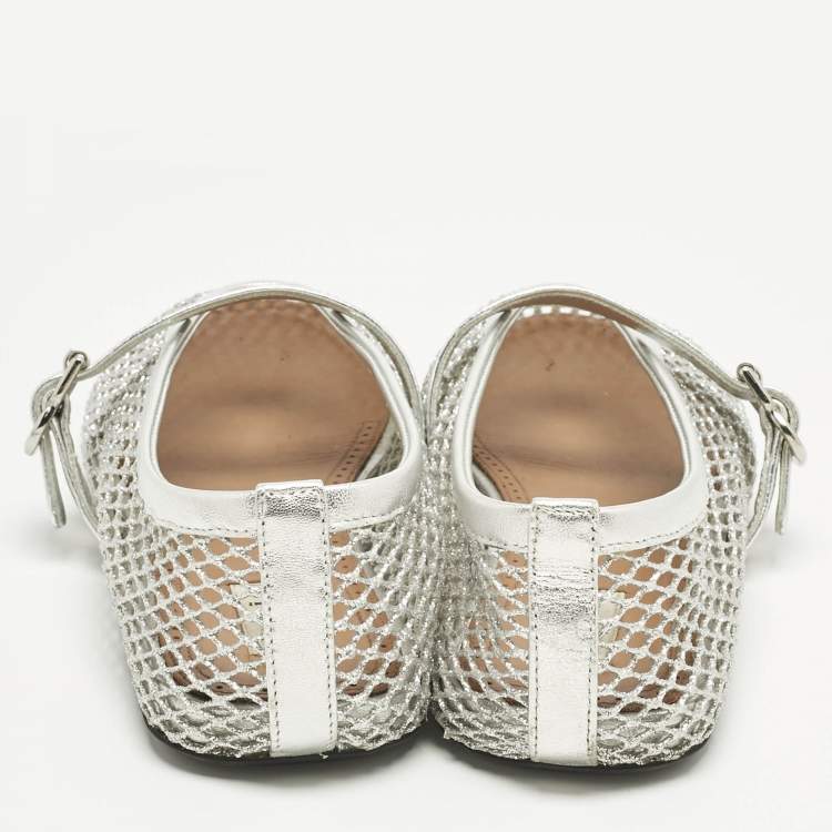 Pre Owned Alaïa Silver Mesh and Leather Mary Jane Ballet Flats Size 38.5