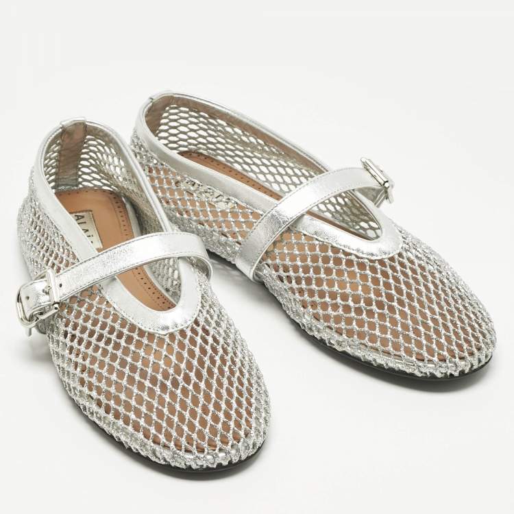 Pre Owned Alaïa Silver Mesh and Leather Mary Jane Ballet Flats Size 38.5