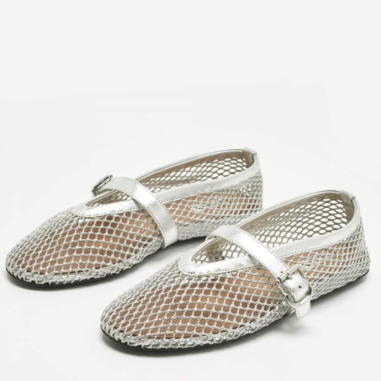 Pre Owned Alaïa Silver Mesh and Leather Mary Jane Ballet Flats Size 38.5