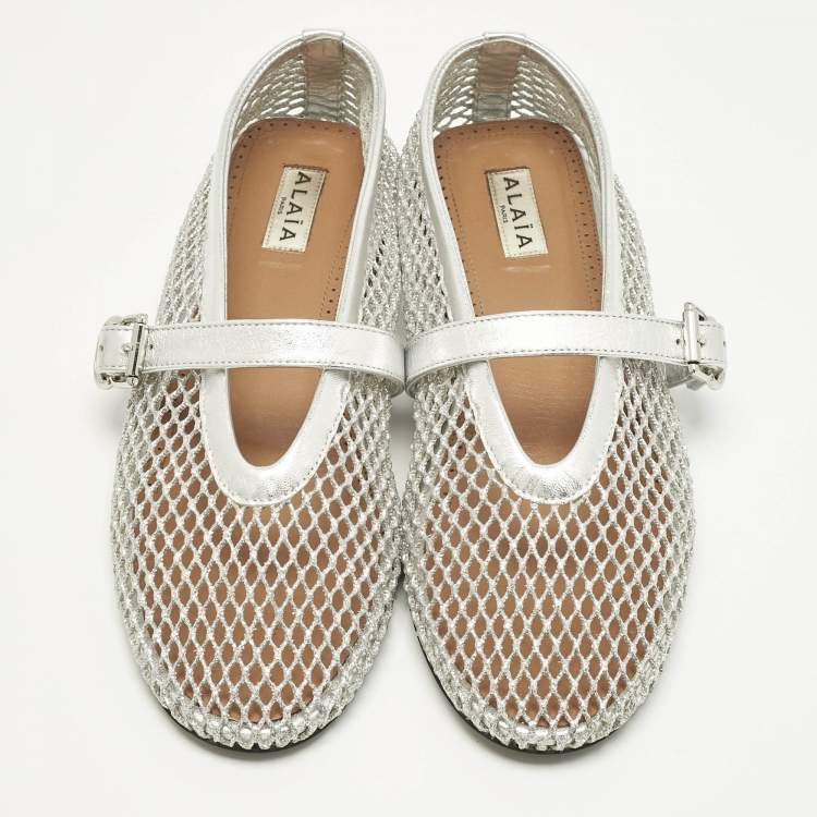 Pre Owned Alaïa Silver Mesh and Leather Mary Jane Ballet Flats Size 38.5