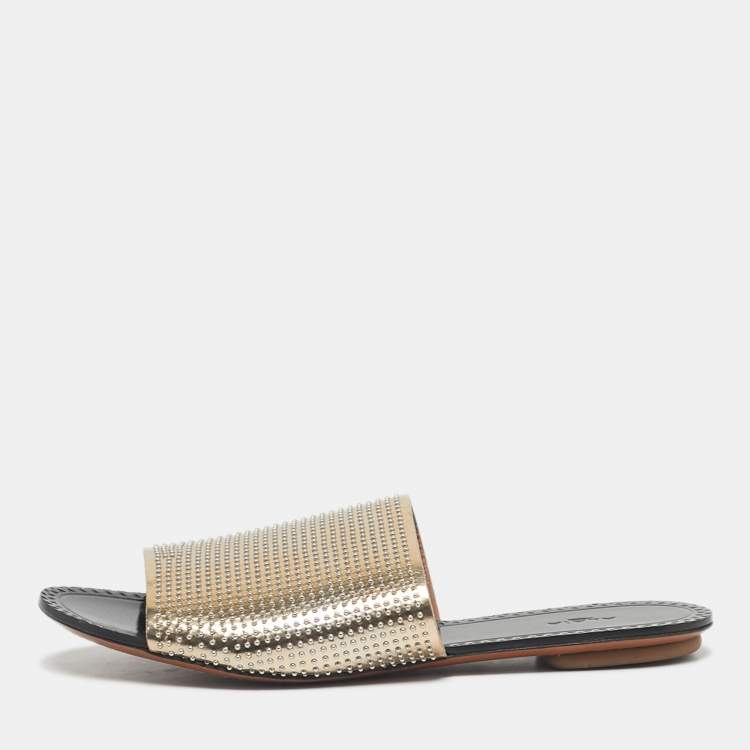 Pre Owned Alaia Gold Leather Flat Slide Size 37