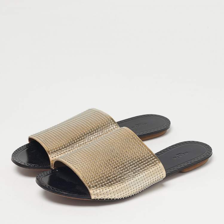 Pre Owned Alaia Gold Leather Flat Slide Size 37