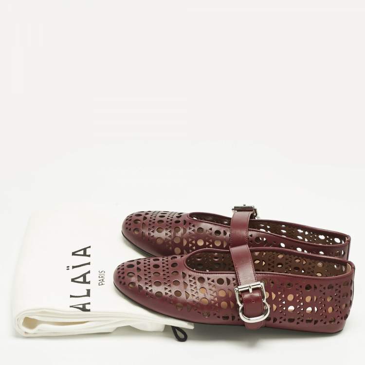 Pre Owned Alaia Burgundy Fishnet Laser Cut Leather Ballet Flats Size 37.5