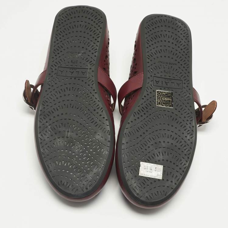 Pre Owned Alaia Burgundy Fishnet Laser Cut Leather Ballet Flats Size 37.5