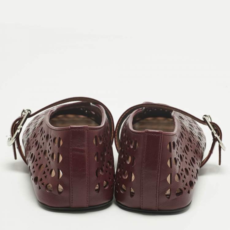 Pre Owned Alaia Burgundy Fishnet Laser Cut Leather Ballet Flats Size 37.5