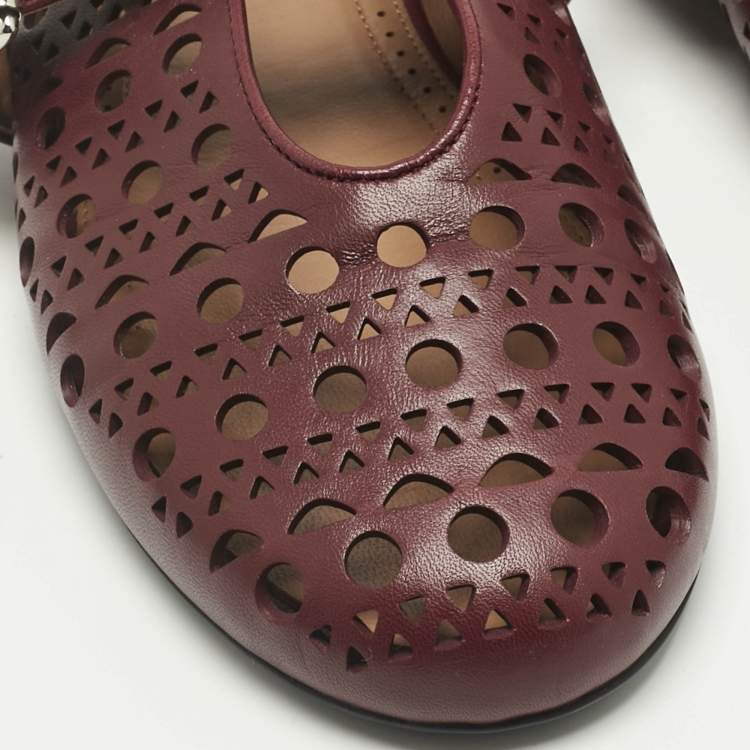 Pre Owned Alaia Burgundy Fishnet Laser Cut Leather Ballet Flats Size 37.5