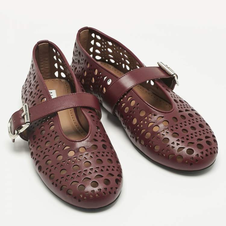 Pre Owned Alaia Burgundy Fishnet Laser Cut Leather Ballet Flats Size 37.5