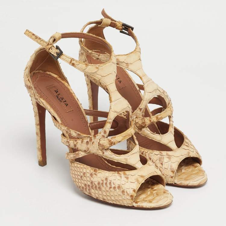 Pre Owned Alaia Beige Python Leather Ankle Strap Sandals Size 37