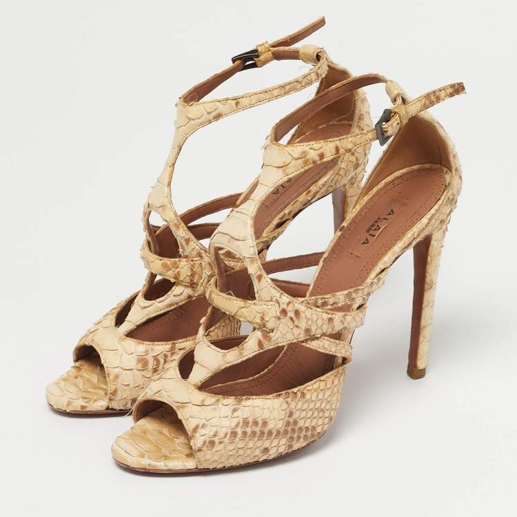 Pre Owned Alaia Beige Python Leather Ankle Strap Sandals Size 37