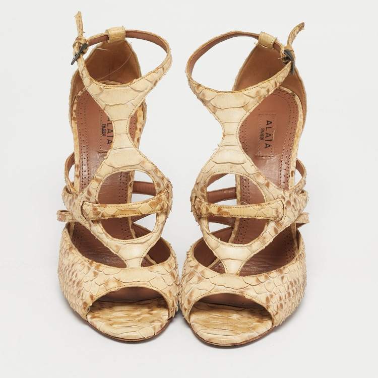 Pre Owned Alaia Beige Python Leather Ankle Strap Sandals Size 37