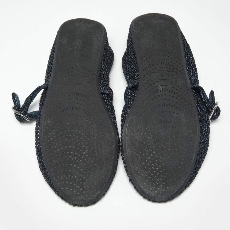 Pre Owned Alaia Black/Navy Blue Mesh and Leather Mary Jane Ballet Flats Size 42