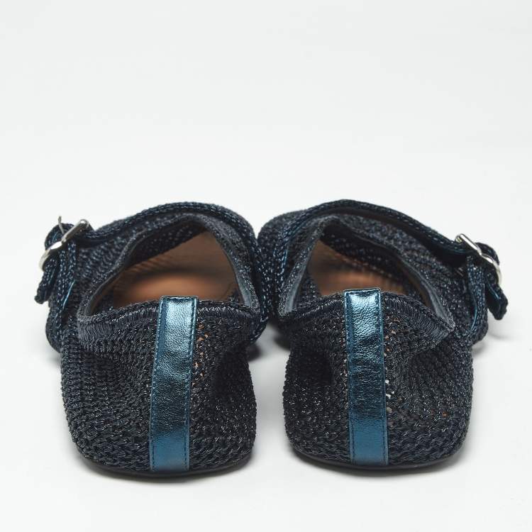 Pre Owned Alaia Black/Navy Blue Mesh and Leather Mary Jane Ballet Flats Size 42