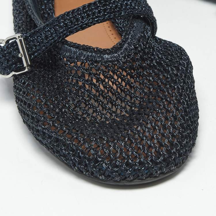 Pre Owned Alaia Black/Navy Blue Mesh and Leather Mary Jane Ballet Flats Size 42