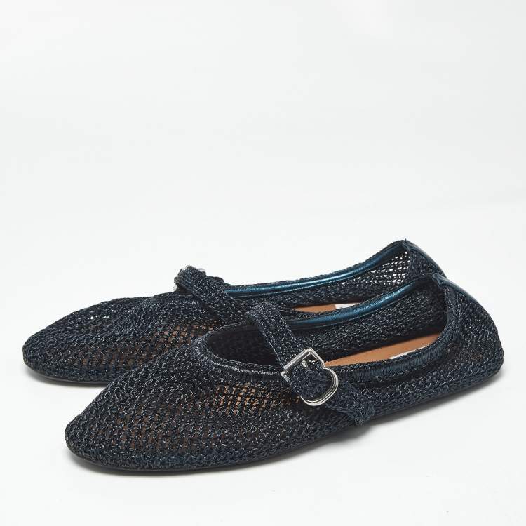 Pre Owned Alaia Black/Navy Blue Mesh and Leather Mary Jane Ballet Flats Size 42