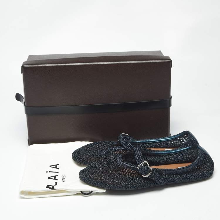 Pre Owned Alaia Black/Navy Blue Mesh and Leather Mary Jane Ballet Flats Size 42